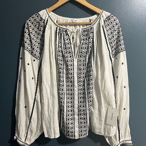 Frame Anita Embroidered Linen Peasant Top Oversized Tie Lace Long Sleeve S/p - Picture 3 of 10
